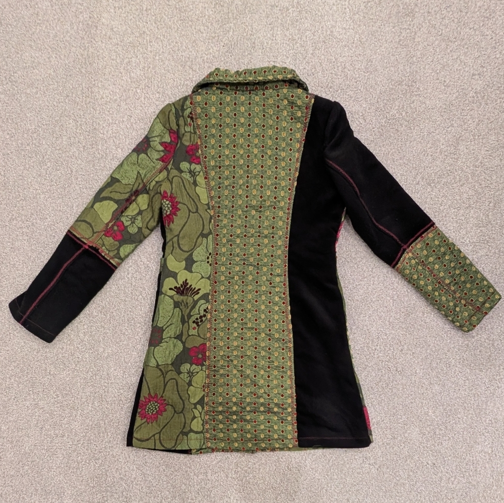 GUC Neslay Paris Women Sz S Jacquard Long Blazer Jacket Black Green Floral Fairy - Picture 4 of 11